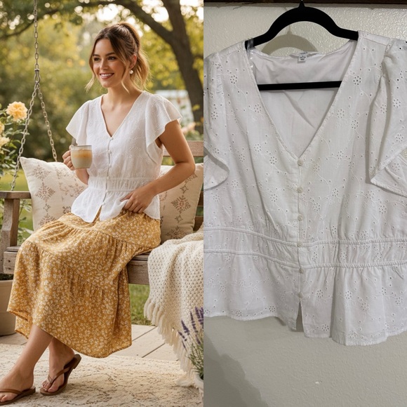 Time and Tru Tops - Time and Tru White Eyelet Blouse Flutter Sleeve Peplum Top Cottagecore